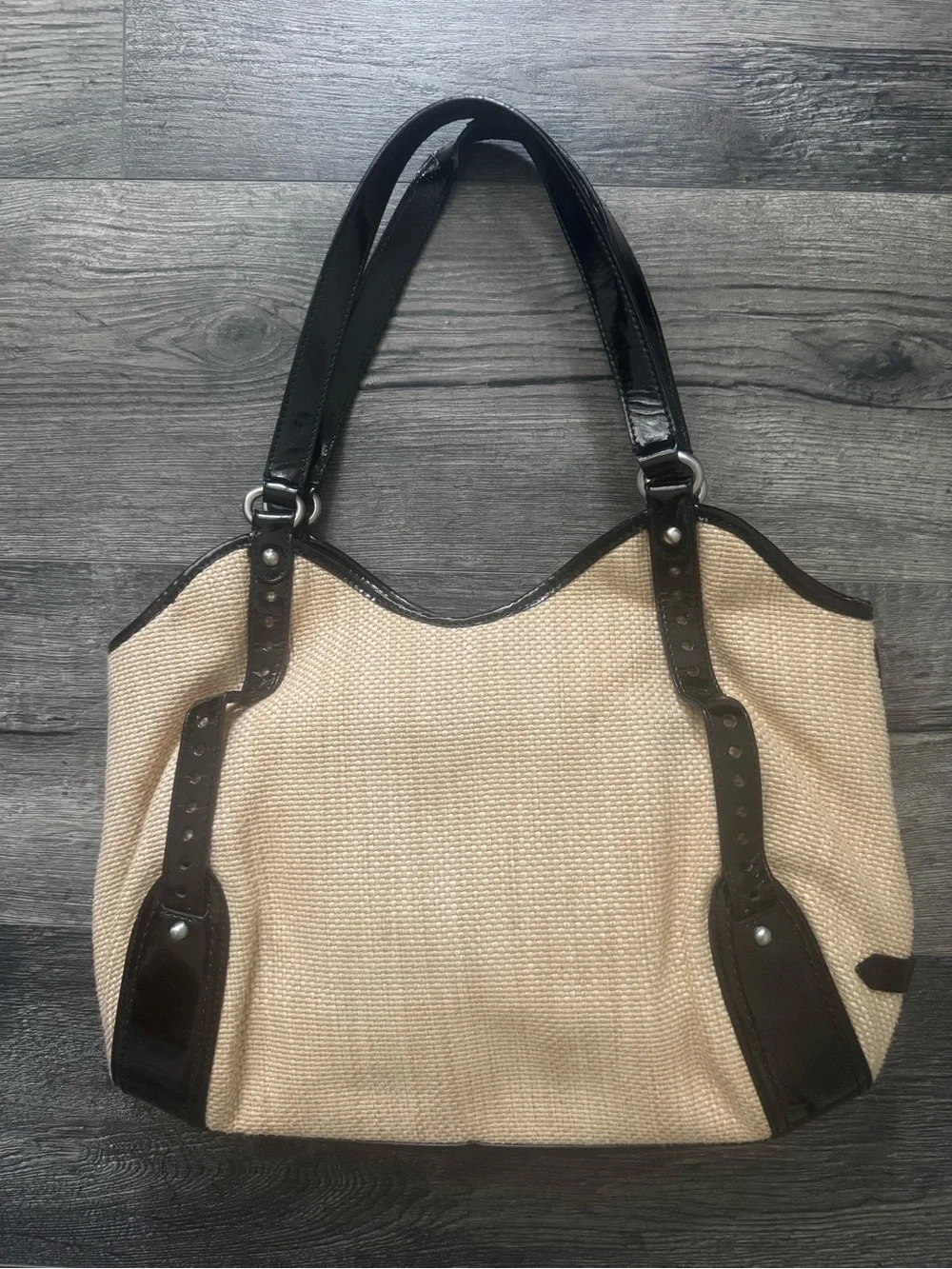 Cole Haan Straw Raffia Shoulder Bag with Black Patent Heather Trim